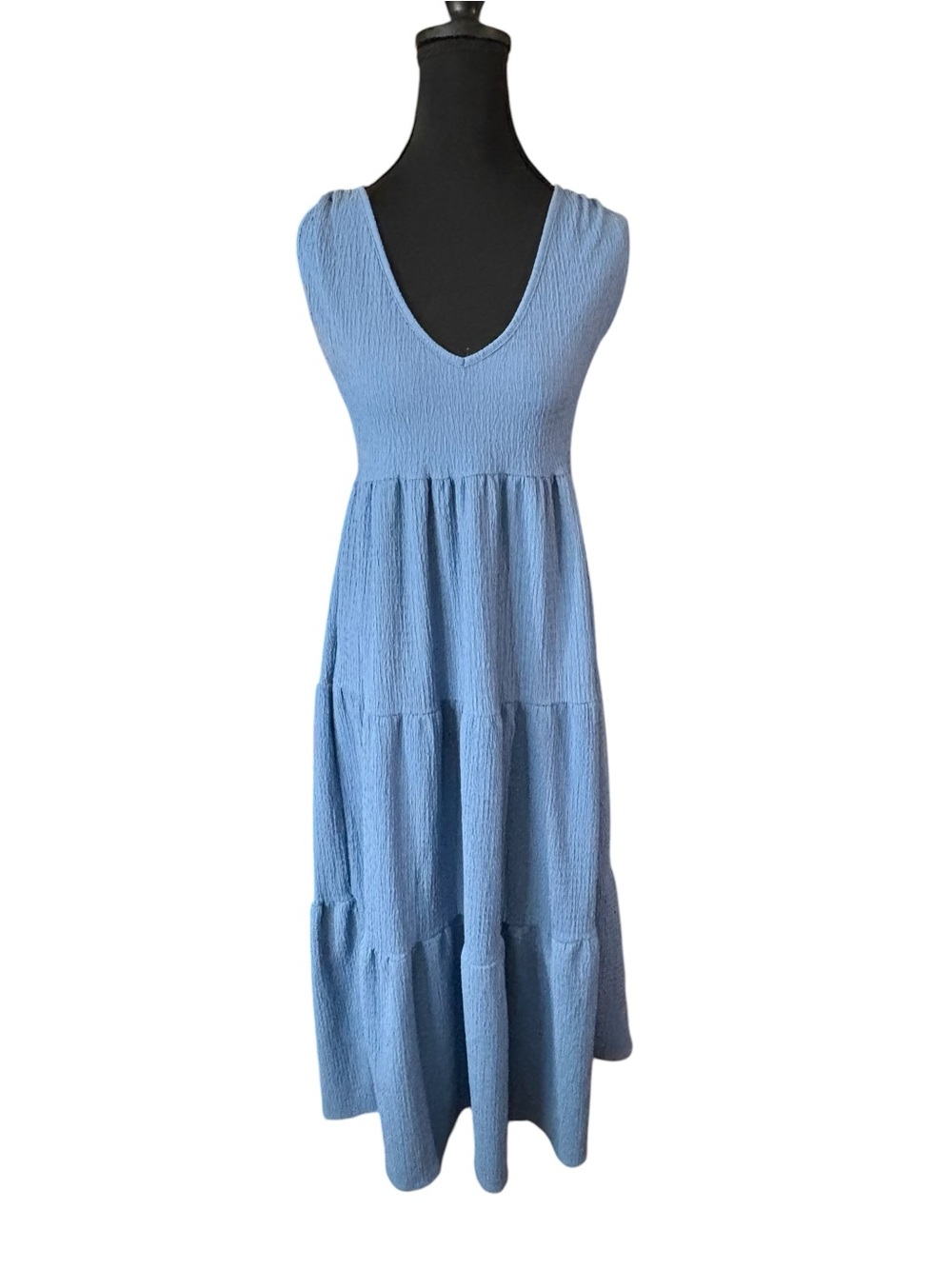 See You Monday Blue Tiered Maxi Dress V Neck Sleeveless XS